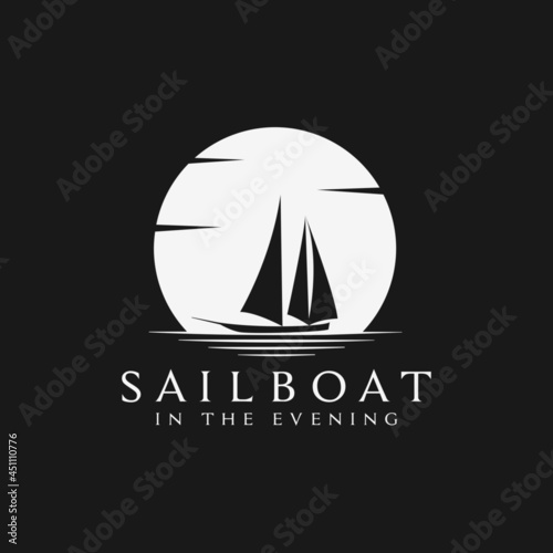 Silhouette of Sailboat logo design vector template, Landscape of Traditional Fishing Boat in the Sea at Night logo vector illustration design