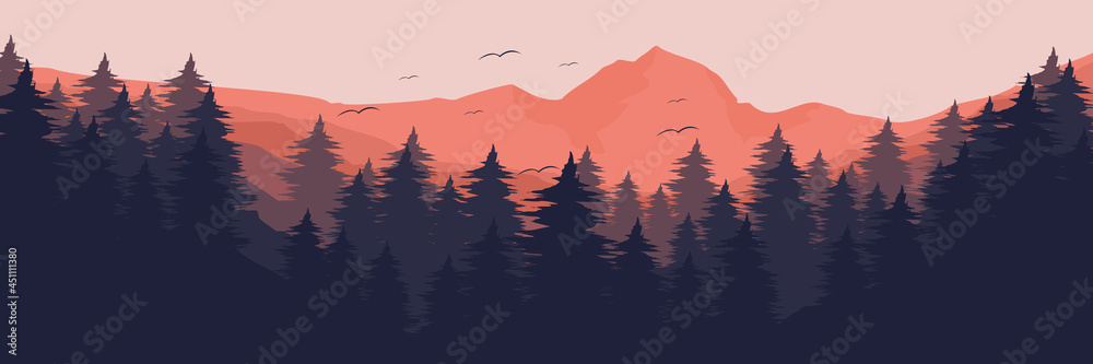 mountain with forest landscape flat design vector illustration good for wallpaper, background, backdrop, web banner, and tourism design template