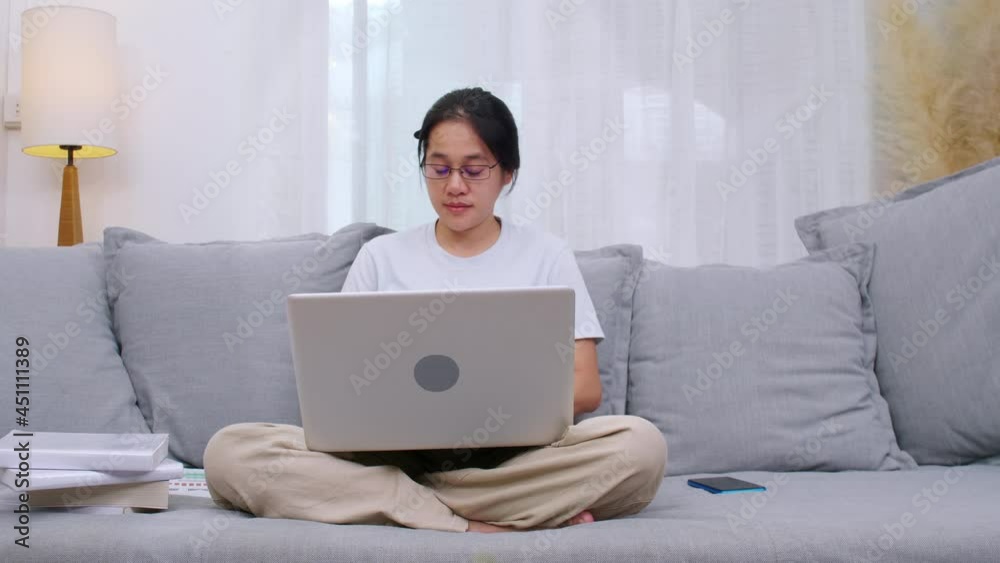 Smiling woman using laptop sitting on couch at home. Women sitting on sofa use laptop shopping, chat online on social network. Women working at home with computer at living room Smiling woman using laptop sitting on couch at home. Women sitting on sofa use laptop shopping, chat online on social network. Women working at home with computer at living room