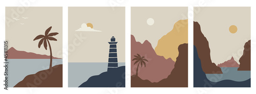 Abstract backgrounds landscapes set. Collection of posters for print, social media, postcard, wallpaper. Flat design