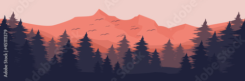 mountain with forest landscape flat design vector illustration good for wallpaper, background, backdrop, web banner, and tourism design template