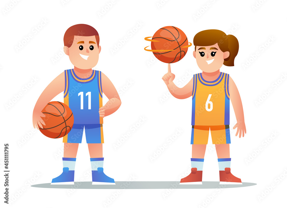 Cute boy and girl basketball player character set
