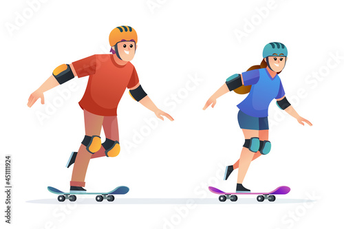 Set of young boy and girl skateboarding cartoon illustration