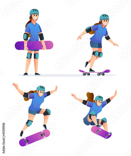 Set of young girl playing skateboard in various poses illustration