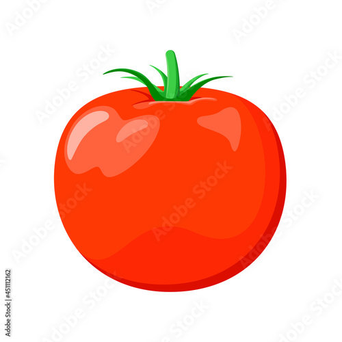 A ripe whole tomato on a white background. Raw vegetable in a cartoon design.