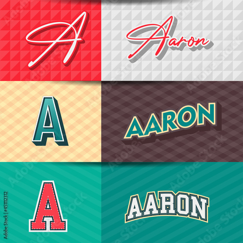 ,Male name,Aaron in various Retro graphic design elements, set of vector Retro Typography graphic design illustration