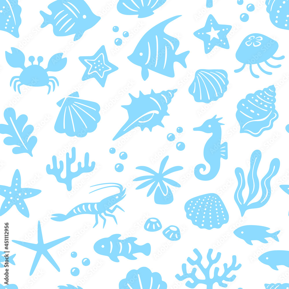 Naklejka premium 海の生き物の水色シルエットパターン