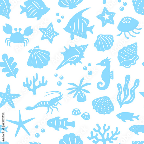 海の生き物の水色シルエットパターン