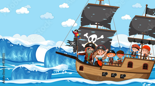 Ocean scene at daytime with Pirate kids on the ship