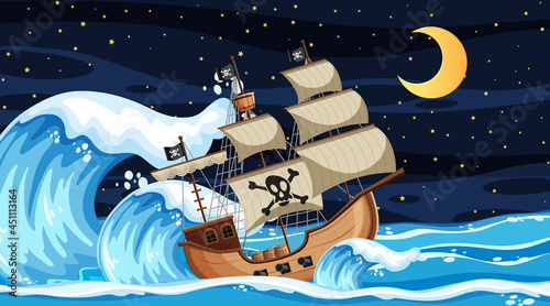 Ocean scene at night with Pirate ship in cartoon style