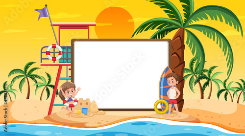 Empty banner template with kids on vacation at the beach sunset scene © brgfx