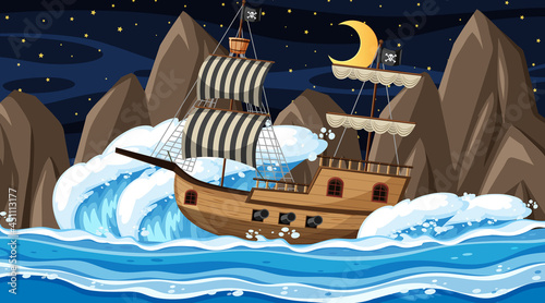 Ocean with Pirate ship at night scene in cartoon style
