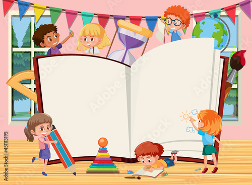 Empty opened book with school kids cartoon