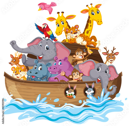 Animals on Noah's ark with sea wave isolated on white background