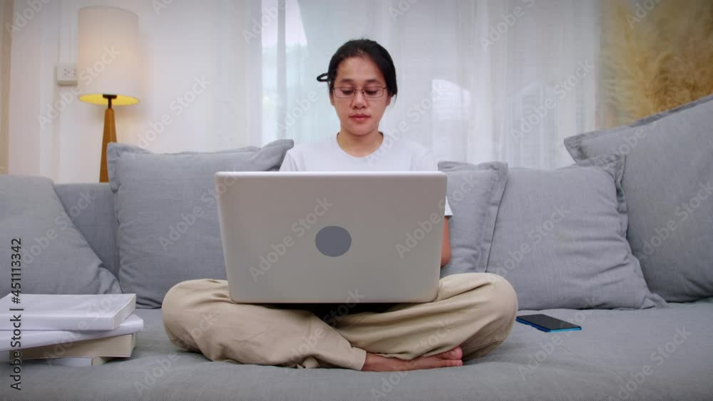 Smiling woman using laptop sitting on couch at home. Women sitting on sofa use laptop shopping, chat online on social network. Women working at home with computer at living room Smiling woman using laptop sitting on couch at home. Women sitting on sofa use laptop shopping, chat online on social network. Women working at home with computer at living room