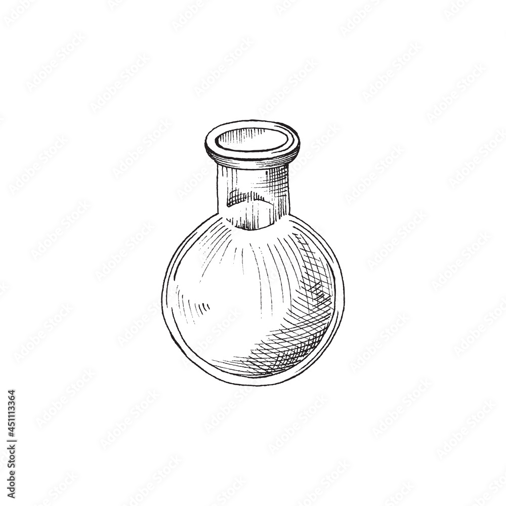 Glass round flask for chemical experiments, vector hand drawn illustration isolated on white background. Glassware for scientific laboratory. Glass round flask for chemical experiments, vector hand drawn illustration isolated on white background. Glassware for scientific laboratory.
