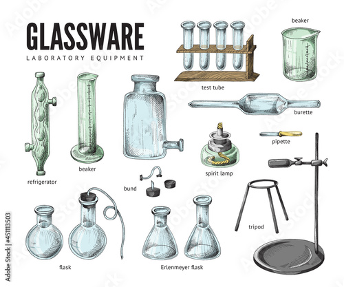 Set of glassware for scientific chemical laboratory. Vector sketch illustration of objects of glass laboratory equipment isolated on white background. photo