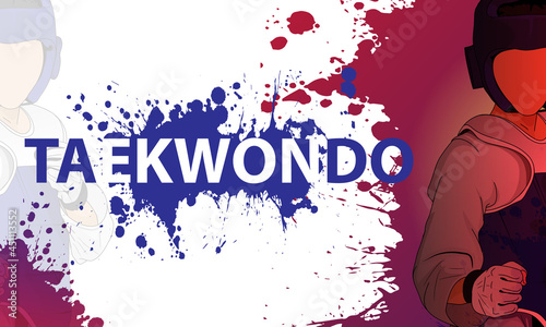 Poster, a fighter is engaged in taekwondo. Dynamic background