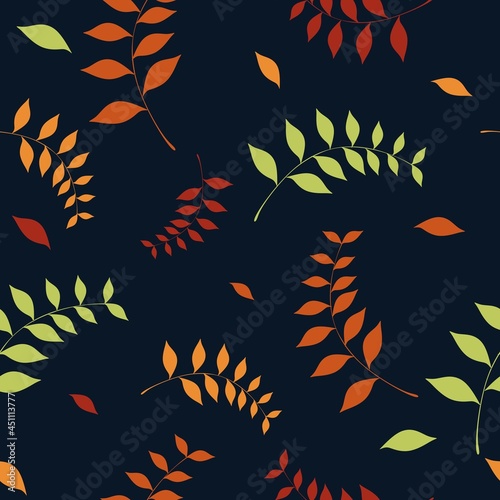 seamless pattern of autumn leaves vector with dark blue background. Leaves element. Geometric ornament. Vector illustration. Use for wallpaper, fabric, textile, print packaging paper, background. 