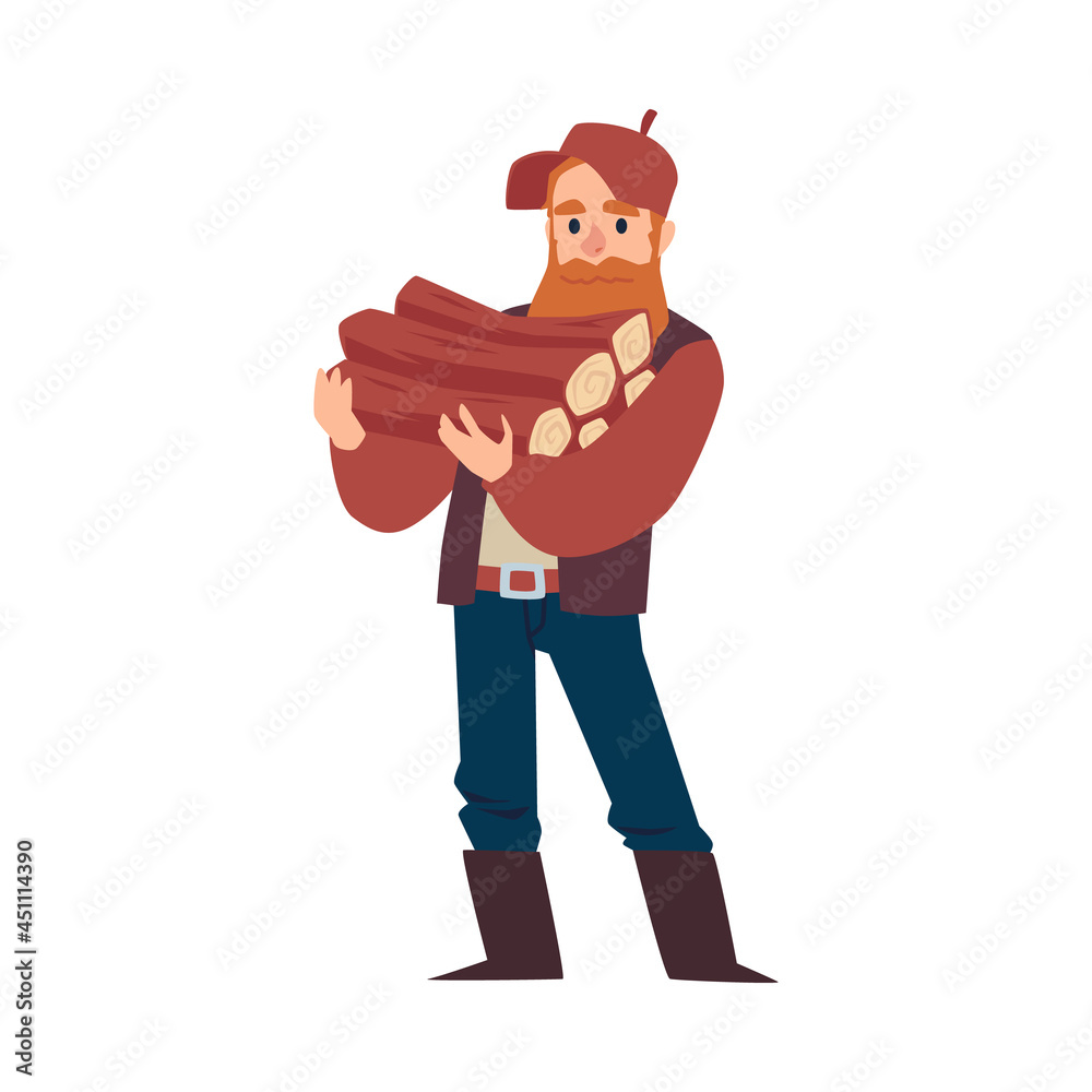 Lumberjack or woodcutter holding timbers, flat vector illustration isolated.