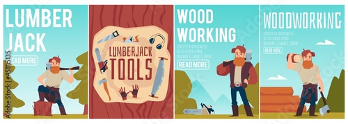 Banner or poster template set with lumberjacks in forest, woodcutting tools.