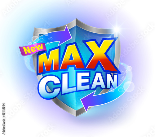 Max Clean brand cleaning products on a clear crystal blue shield for packaging, detergent, toilet liquid, soap, shampoo, cleaning service. Realistic file.