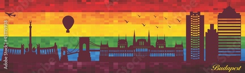 Budapest on LGBT flag background - illustration, 
Town in Rainbow background, 
Vector city skyline silhouette