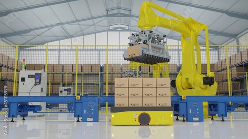 Factory 4.0 concept. Industrial robot with fork gripper in smart warehouse system for manufacture factory. 3D illustration