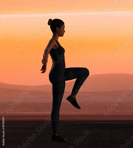 Woman stretching at sunset by the mountianside. Person is not real. She is a 3D render thus no model release is needed.