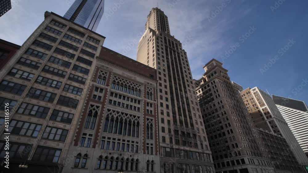 Chicago Loop Buildings on Michigan Avenue, Old Architecture in Downtown, Low Angle View From Moving Vehicle, Illinois USA Chicago Loop Buildings on Michigan Avenue, Old Architecture in Downtown, Low Angle View From Moving Vehicle, Illinois USA