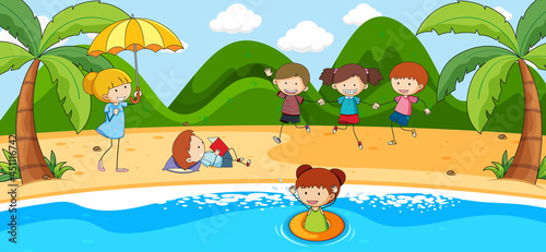 Beach scene with many kids doodle cartoon character