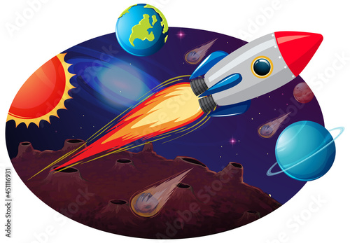 Rocket ship with many planets and asteroids