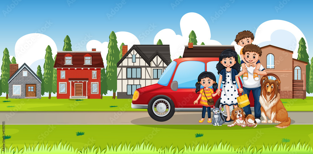 Naklejka premium Street outdoor scene with happy family