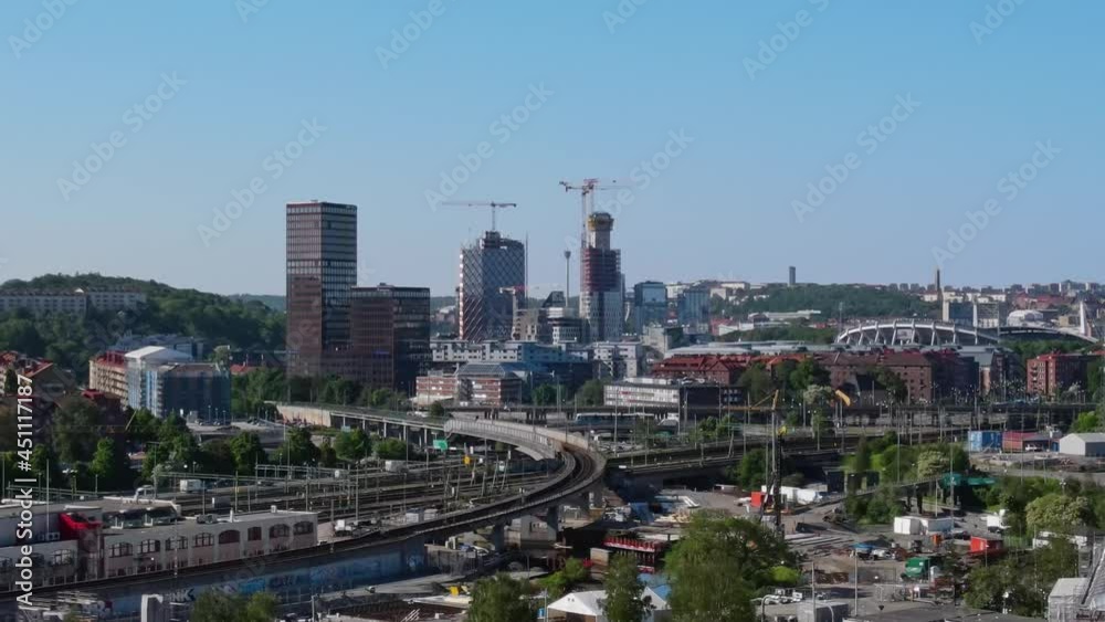 Railroads And Highways Of The Garda Cityscape At Daytime In Gothenburg, Sweden. aerial, forward Railroads And Highways Of The Garda Cityscape At Daytime In Gothenburg, Sweden. aerial, forward