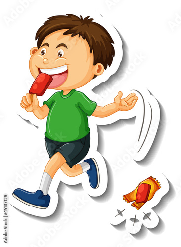 Sticker template with a boy throw littering on the floor cartoon character isolated