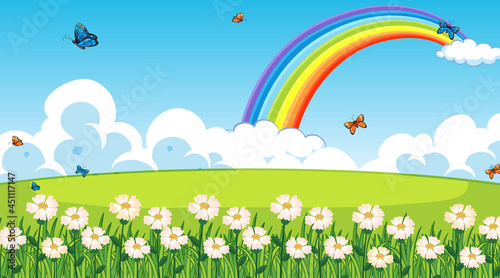 Nature park scene background with rainbow in the sky