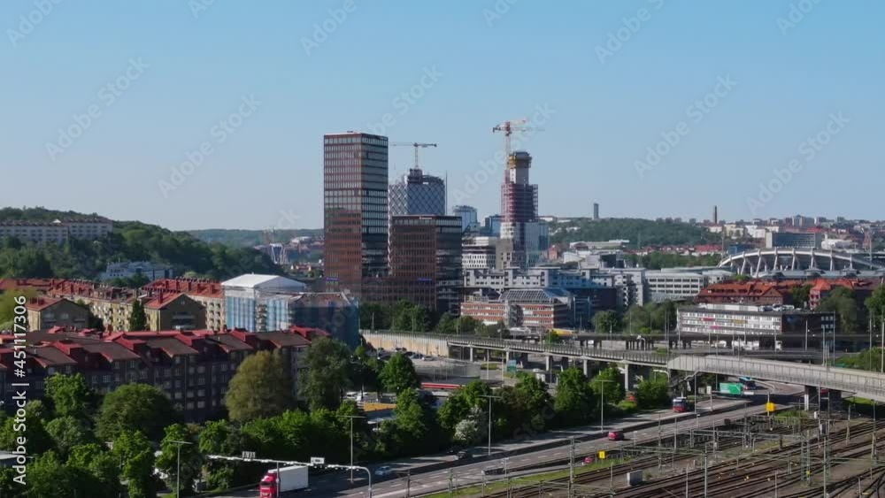 View Of Garda Business Center, Known As Canon Building, From Marieholmsgatan In Gothenburg, Sweden With Ullevi Stadium In Distance. wide aerial View Of Garda Business Center, Known As Canon Building, From Marieholmsgatan In Gothenburg, Sweden With Ullevi Stadium In Distance. wide aerial