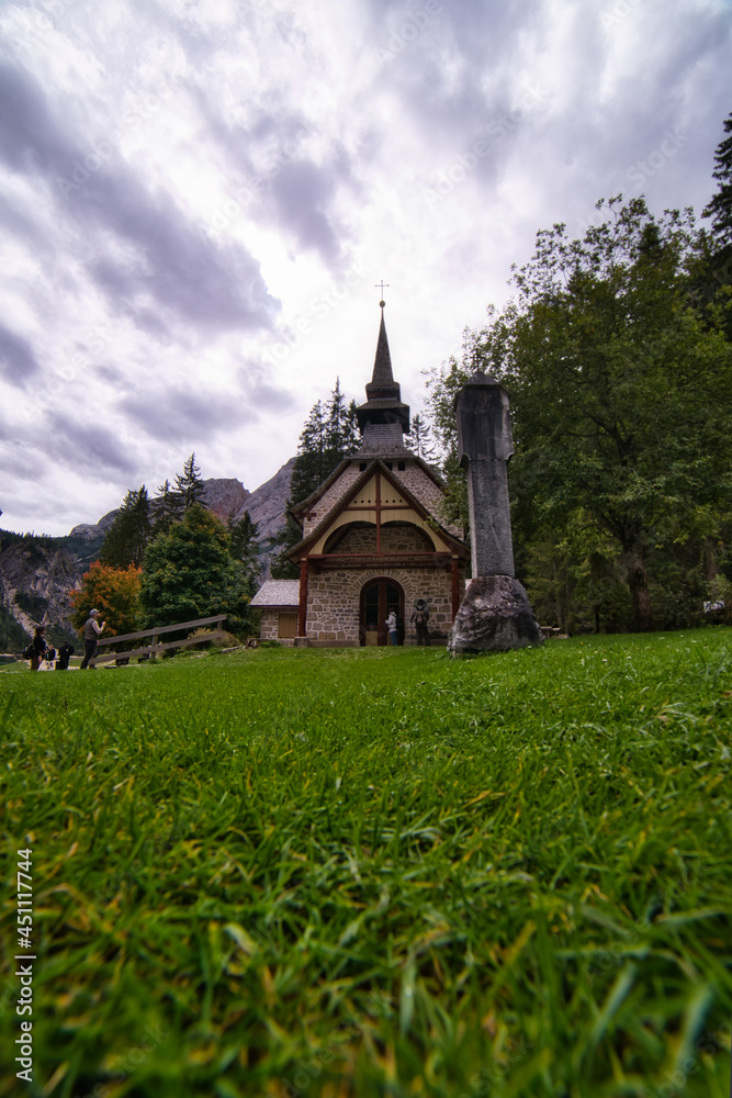 Naklejka premium dolomitesm landscape, italy lake di braies .