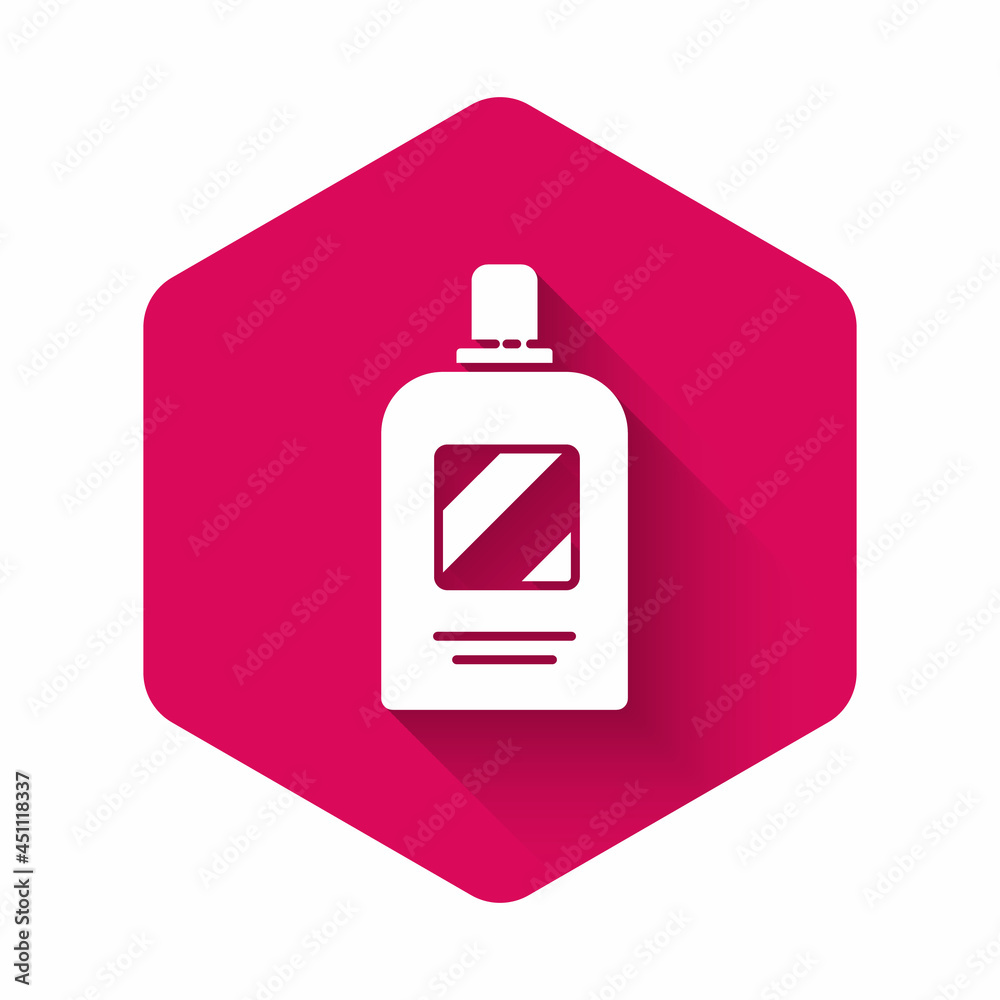 White Bottle of shampoo icon isolated with long shadow. Pink hexagon button. Vector Illustration White Bottle of shampoo icon isolated with long shadow. Pink hexagon button. Vector Illustration
