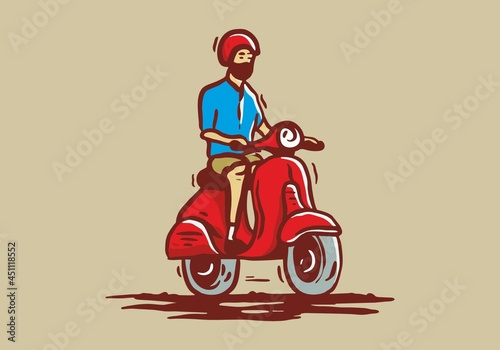 Man riding red scooter illustration drawing