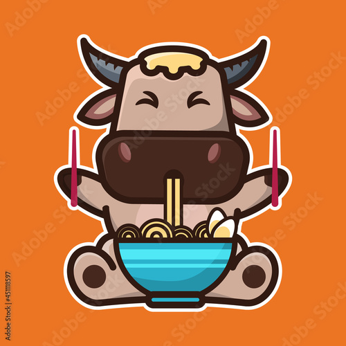 
vector illustration of cute buffalo 
eat noodles