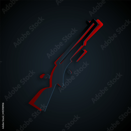 Paper cut Shotgun icon isolated on black background. Hunting gun. Paper art style. Vector