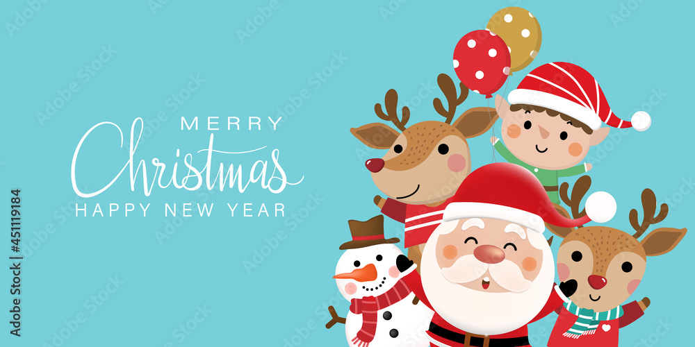 Merry Christmas and happy new year 2022 greeting card with cute Santa  Claus, little elf, snowman and deer. Holiday cartoon character in winter  season. -Vector Stock Vector | Adobe Stock