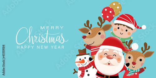 Merry Christmas and happy new year 2022 greeting card with cute Santa Claus, little elf, snowman and deer. Holiday cartoon character in winter season. -Vector © Dusida