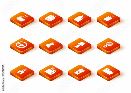 Set Church building, Wallet with coin, Steering wheel, Christmas sock, Fitness shaker and Table lamp icon. Vector