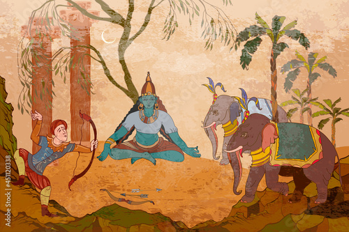 Traditional indian mural paintings style. Gods of India. Ramayana. Old Asian culture. Mythology, tradition and history. Ancient frescoes. Religion. Hinduism