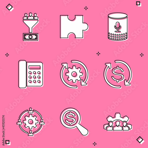 Set Lead management, Piece of puzzle, Voice assistant, Telephone, Gear and arrows workflow and Return investment icon. Vector