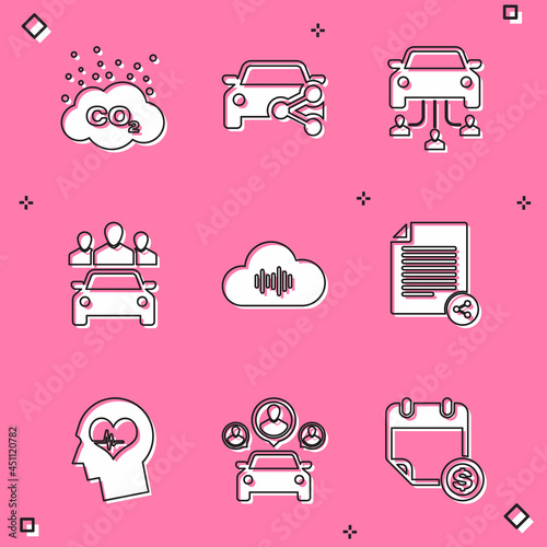 Set CO2 emissions in cloud, Car sharing, , , Music streaming service and Share file icon. Vector