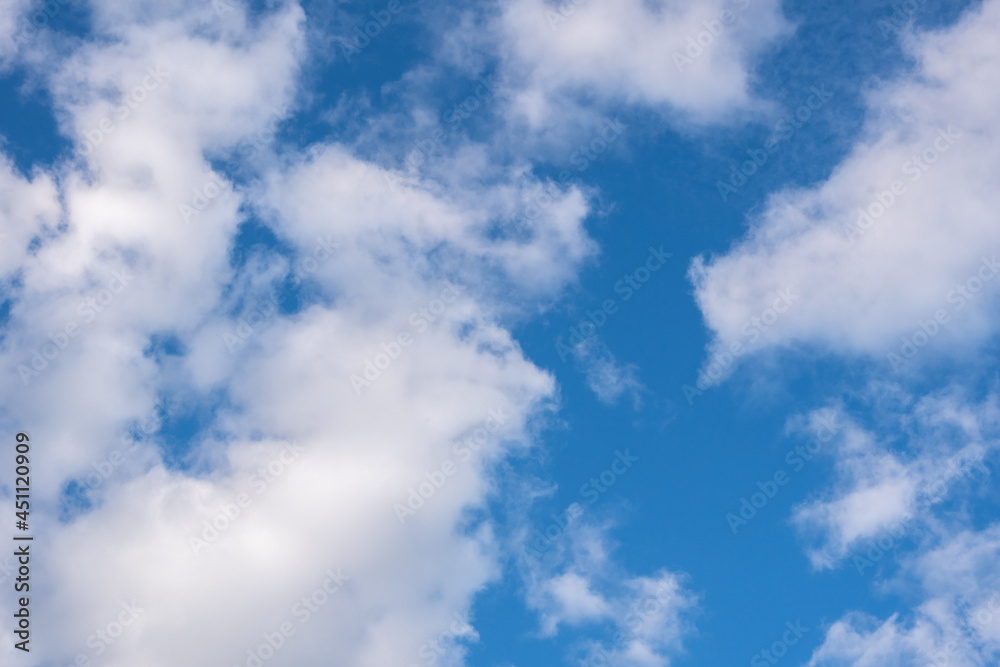 Beautiful blue panorama with fluffy cumulus clouds in the blue sky. Perfect background of blue sky and white clouds for your photos, mockup for design, use for sky replacement Beautiful blue panorama with fluffy cumulus clouds in the blue sky. Perfect background of blue sky and white clouds for your photos, mockup for design, use for sky replacement