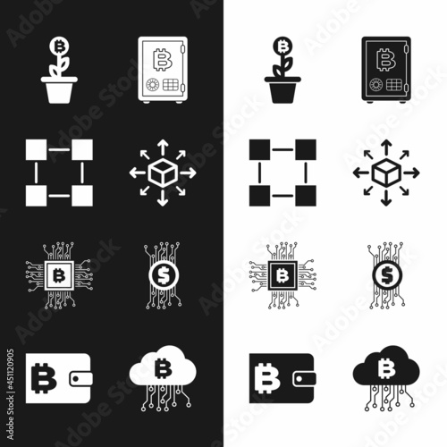 Set Distribution, Blockchain technology, Bitcoin plant the pot, Proof of stake, CPU mining farm and Cryptocurrency bitcoin circuit icon. Vector